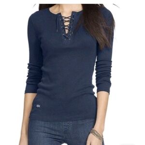 Lauren Ralph Lauren Ribbed Lace-up Top Size L Blue Stretch Pullover Nautical Y2K